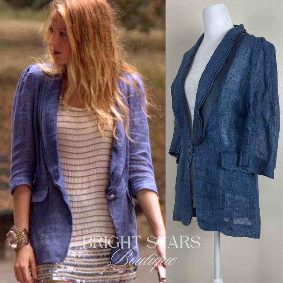 Rare Blue Linen Blazer Jacket ASO Serena Van Der Woodsen Gossip Girl Y2K - Picture 3 of 12